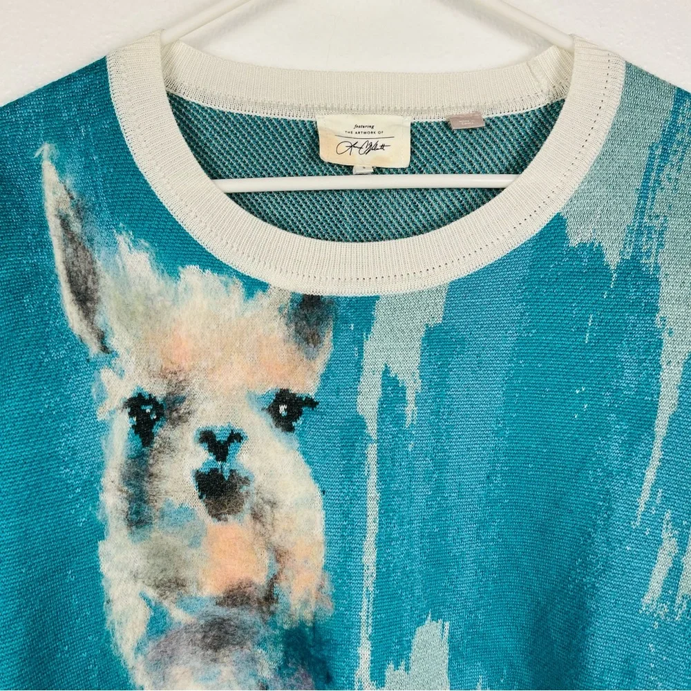 Anthropologie Llama Abstract Watercolor Turquoise Blue Pullover Sweater Small